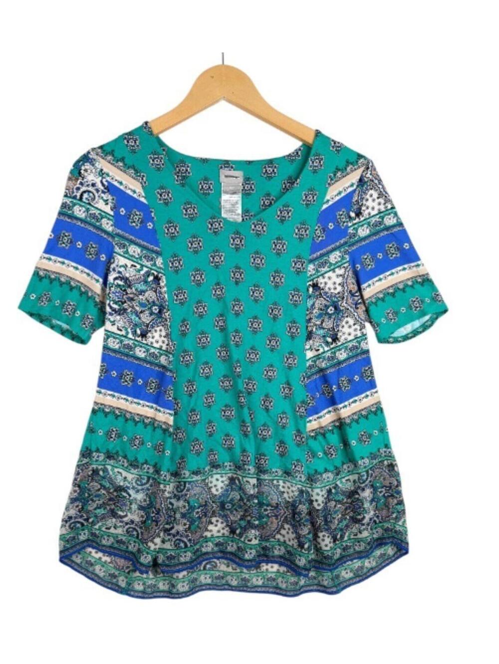 Chico's Paisley Pattern  green and blue tunic featuring a bohemian print